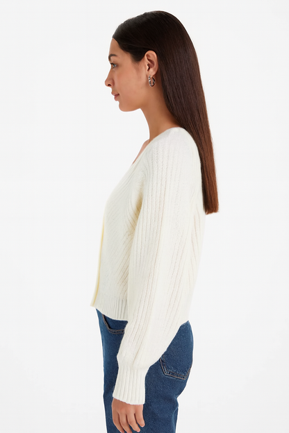 White V-Neck Button-Down Cardigan | Drop Shoulder Acrylic Knit Sweater | Full Sleeve Winter Cardigan