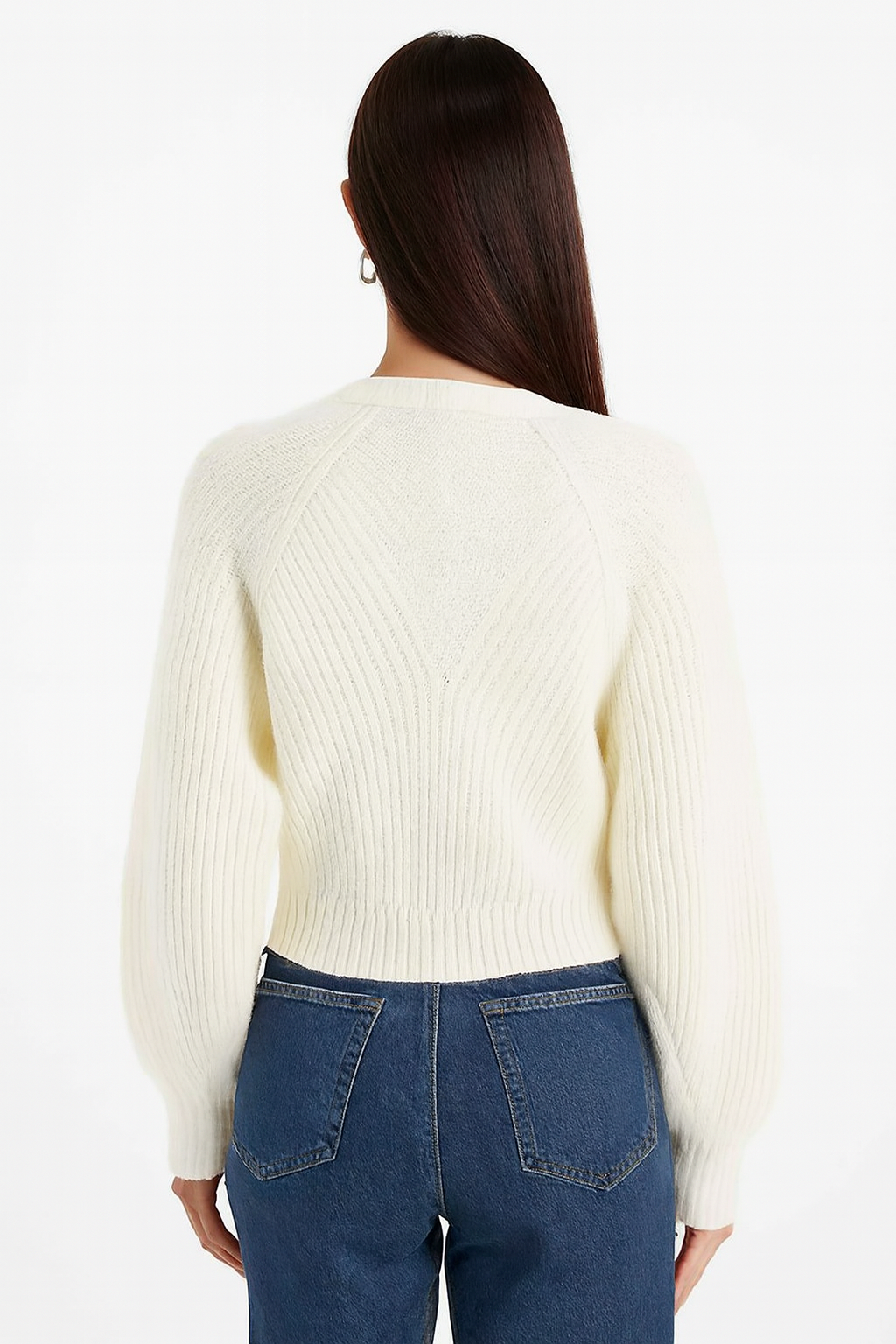 White V-Neck Button-Down Cardigan | Drop Shoulder Acrylic Knit Sweater | Full Sleeve Winter Cardigan