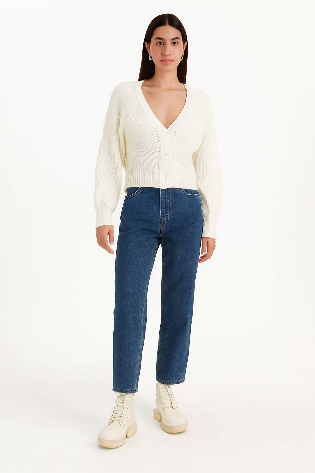 White V-Neck Button-Down Cardigan | Drop Shoulder Acrylic Knit Sweater | Full Sleeve Winter Cardigan