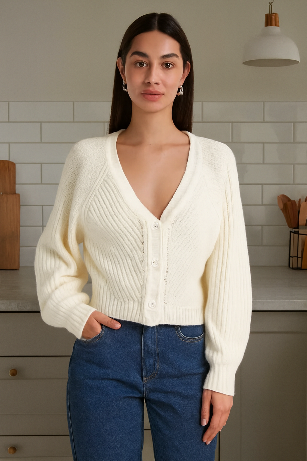 White V-Neck Button-Down Cardigan | Drop Shoulder Acrylic Knit Sweater | Full Sleeve Winter Cardigan
