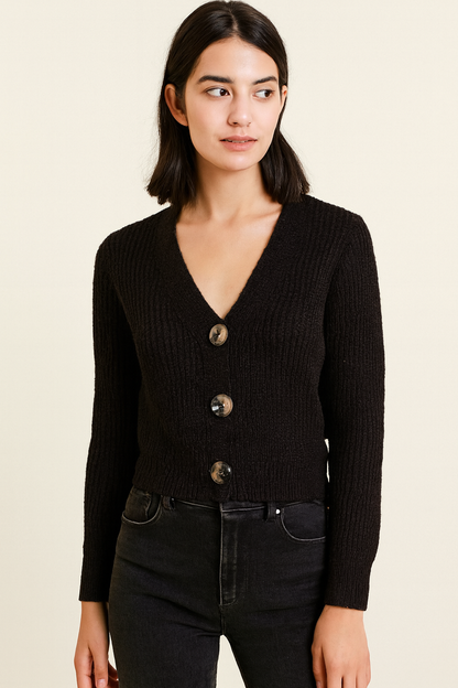Black Button-Down Cardigan | Full Sleeve V-Neck Acrylic Knit Sweater | Winter Cropped Cardigan