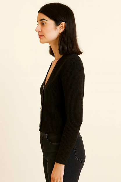 Black Button-Down Cardigan | Full Sleeve V-Neck Acrylic Knit Sweater | Winter Cropped Cardigan