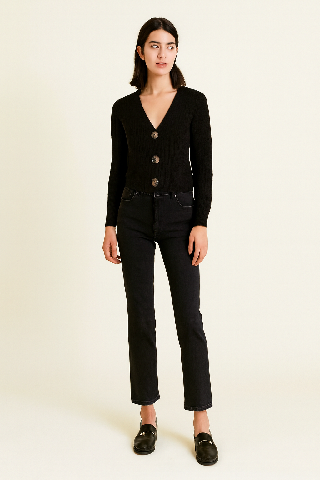 Black Button-Down Cardigan | Full Sleeve V-Neck Acrylic Knit Sweater | Winter Cropped Cardigan