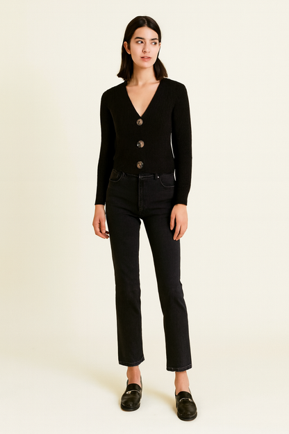 Black Button-Down Cardigan | Full Sleeve V-Neck Acrylic Knit Sweater | Winter Cropped Cardigan