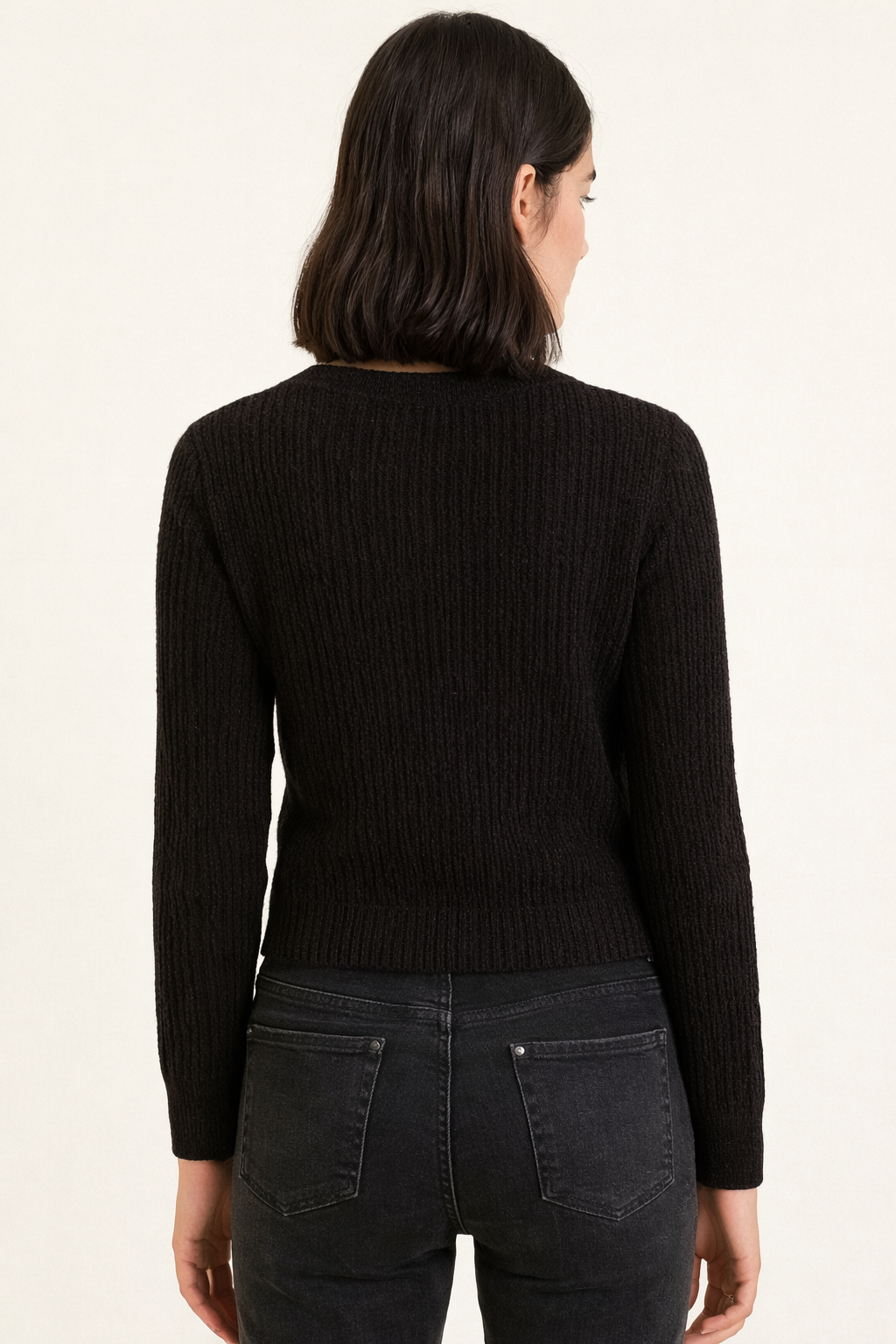 Black Button-Down Cardigan | Full Sleeve V-Neck Acrylic Knit Sweater | Winter Cropped Cardigan