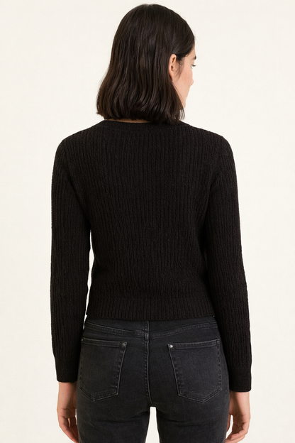 Black Button-Down Cardigan | Full Sleeve V-Neck Acrylic Knit Sweater | Winter Cropped Cardigan
