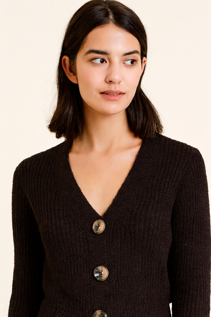 Black Button-Down Cardigan | Full Sleeve V-Neck Acrylic Knit Sweater | Winter Cropped Cardigan