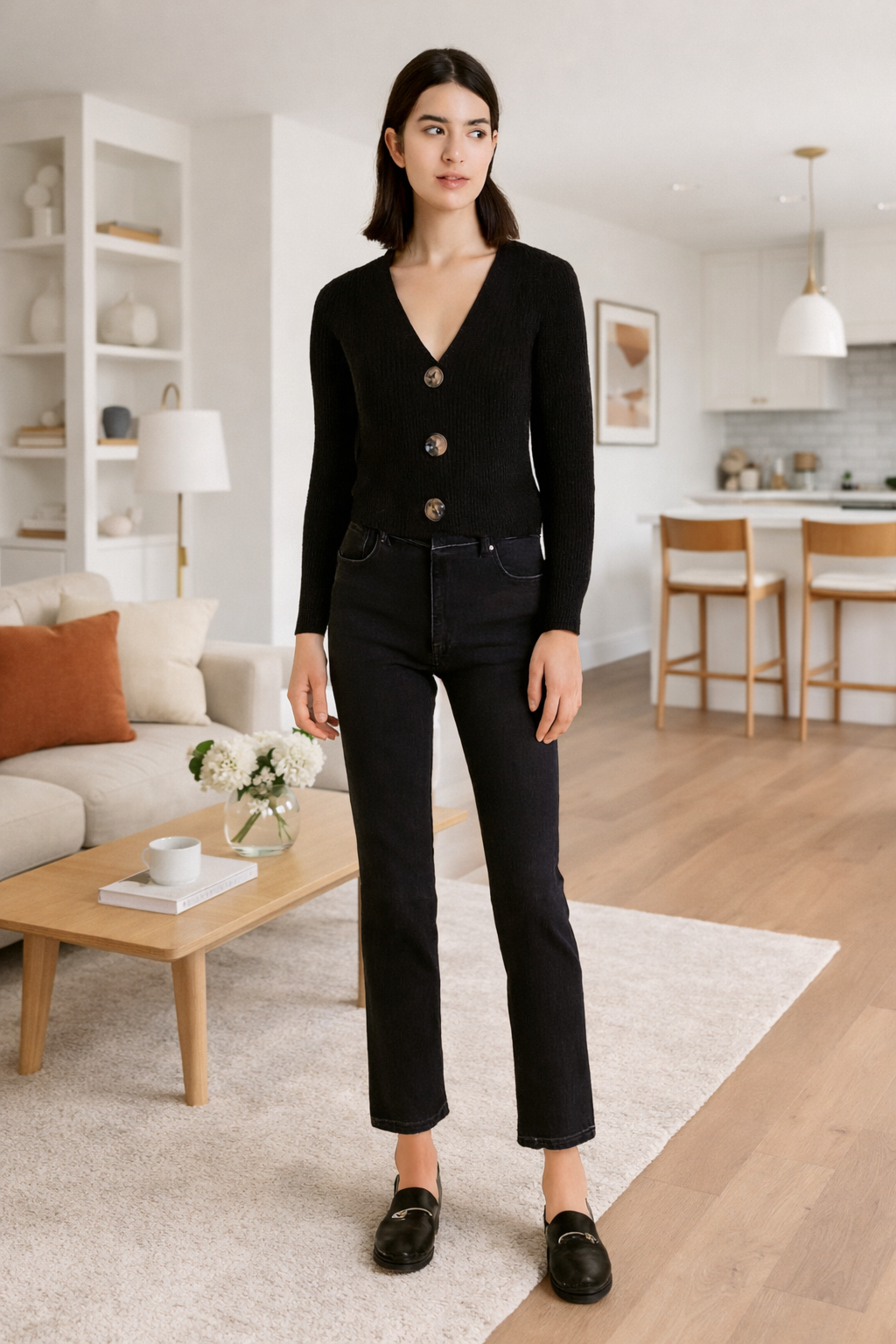 Black Button-Down Cardigan | Full Sleeve V-Neck Acrylic Knit Sweater | Winter Cropped Cardigan