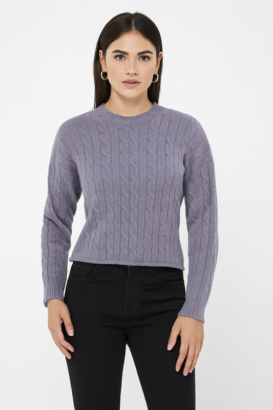 Grey Cable Knit Sweater | Full Sleeve Round Neck Winter Pullover | Soft & Stretchable Knitwear