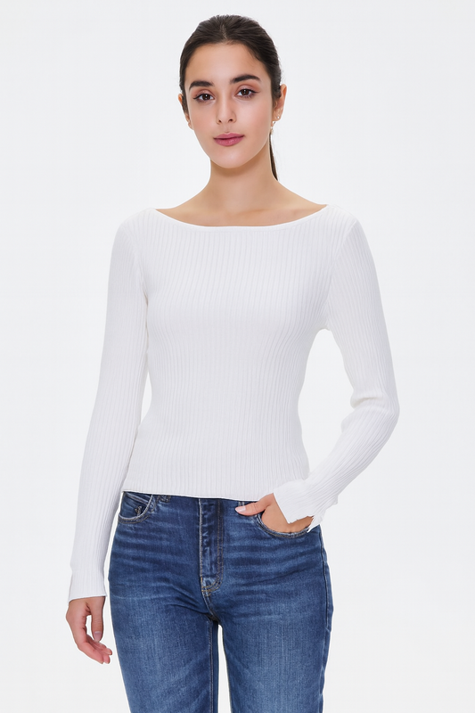 Off-White Ribbed Sweater | Full Sleeve Slim Fit Knit Sweater | Soft & Comfortable