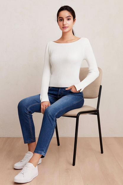Off-White Ribbed Sweater | Full Sleeve Slim Fit Knit Sweater | Soft & Comfortable