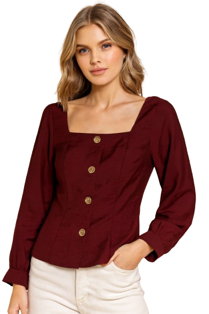 Maroon Rayon Blend Square Neck Button Front Top | Full Sleeve Casual Party Wear Blouse
