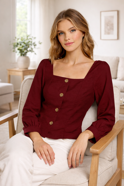 Maroon Rayon Blend Square Neck Button Front Top | Full Sleeve Casual Party Wear Blouse