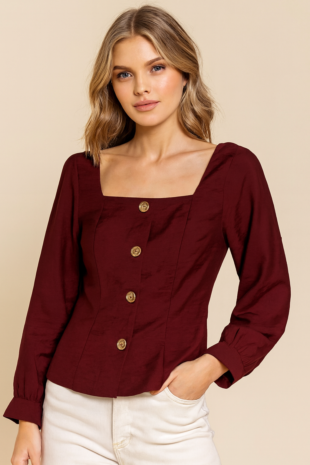 Maroon Rayon Blend Square Neck Button Front Top | Full Sleeve Casual Party Wear Blouse