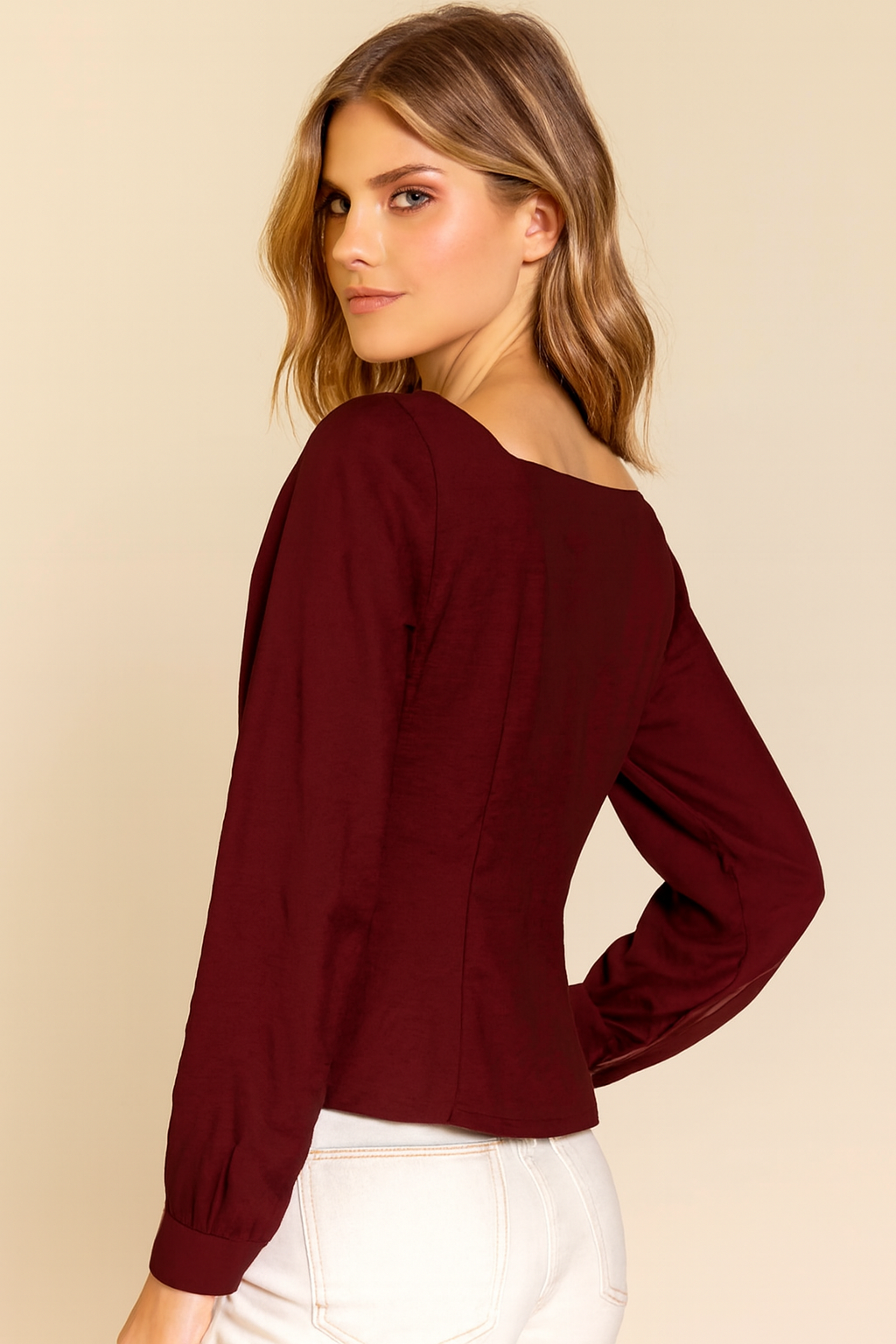 Maroon Rayon Blend Square Neck Button Front Top | Full Sleeve Casual Party Wear Blouse