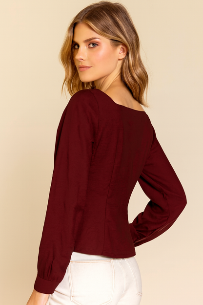 Maroon Rayon Blend Square Neck Button Front Top | Full Sleeve Casual Party Wear Blouse