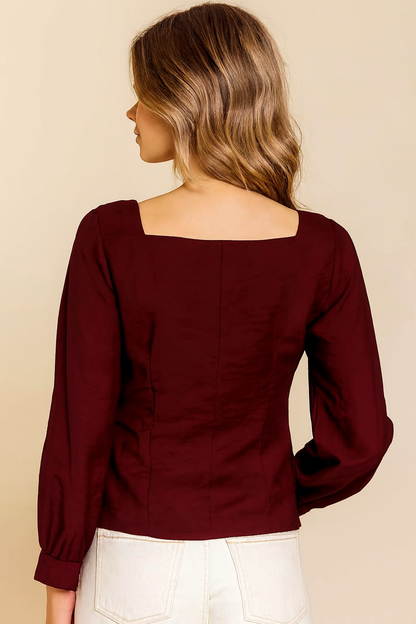 Maroon Rayon Blend Square Neck Button Front Top | Full Sleeve Casual Party Wear Blouse