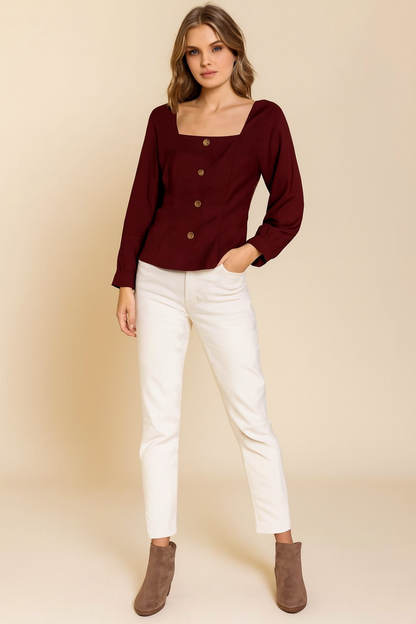 Maroon Rayon Blend Square Neck Button Front Top | Full Sleeve Casual Party Wear Blouse