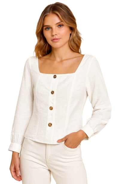 White Rayon Blend Square Neck Button Front Top | Full Sleeve Casual Party Wear Blouse