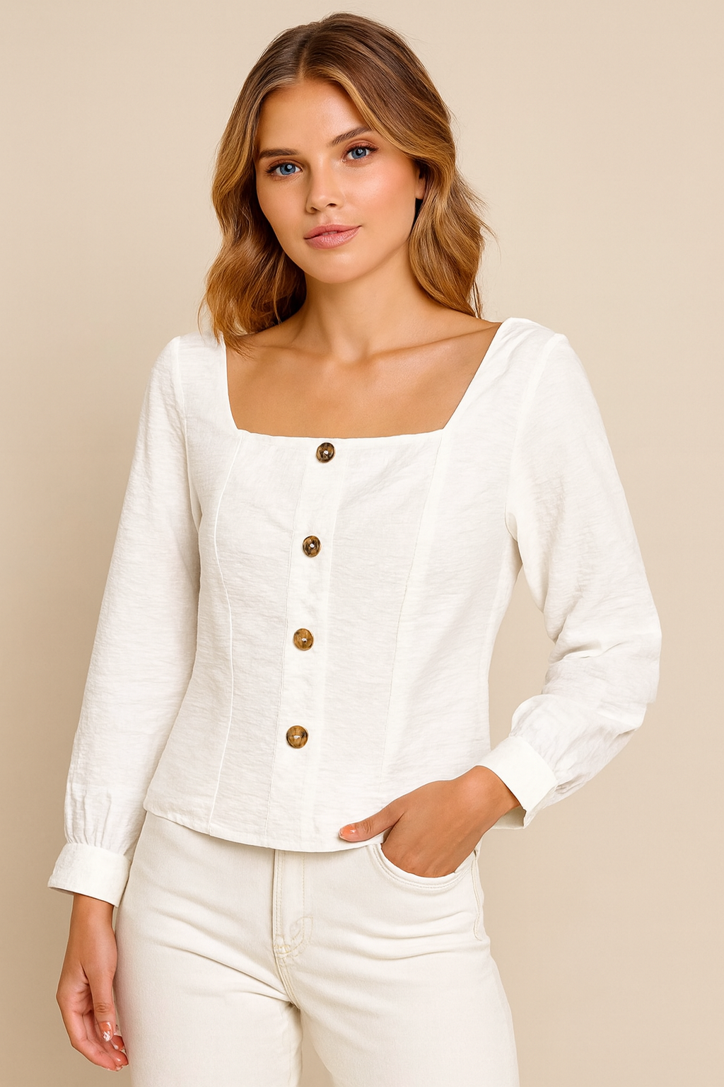 White Rayon Blend Square Neck Button Front Top | Full Sleeve Casual Party Wear Blouse