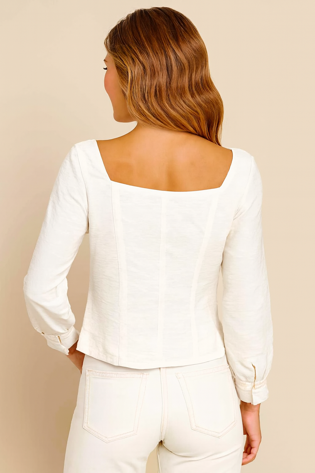 White Rayon Blend Square Neck Button Front Top | Full Sleeve Casual Party Wear Blouse