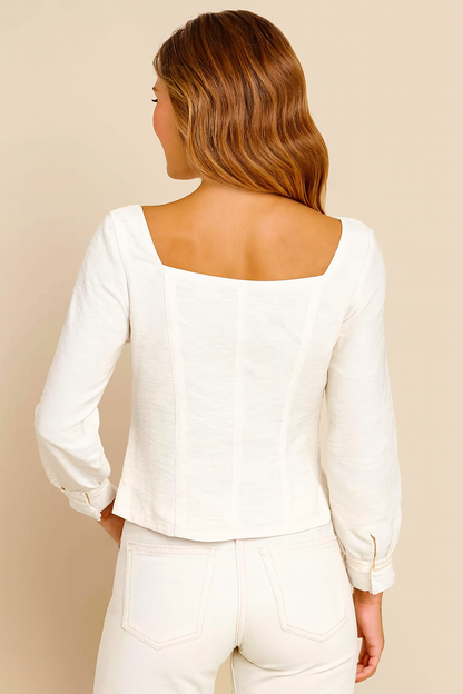 White Rayon Blend Square Neck Button Front Top | Full Sleeve Casual Party Wear Blouse