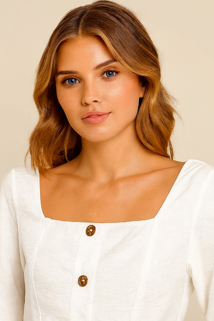 White Rayon Blend Square Neck Button Front Top | Full Sleeve Casual Party Wear Blouse