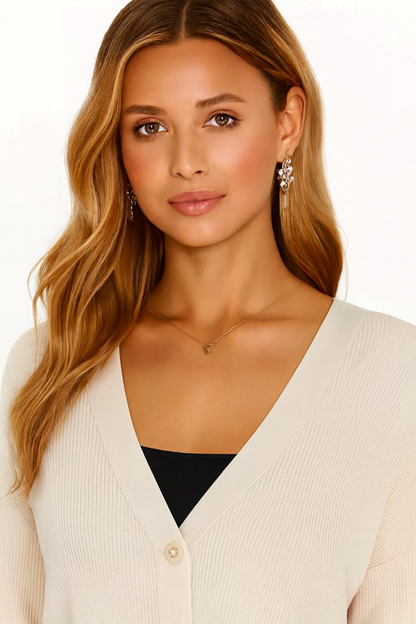 Beige V-Neck Button Down Cardigan Sweater | Down Shoulder Knit | Viscose Cotton Blend Winter Wear