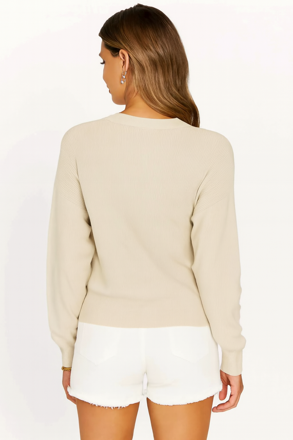 Beige V-Neck Button Down Cardigan Sweater | Down Shoulder Knit | Viscose Cotton Blend Winter Wear