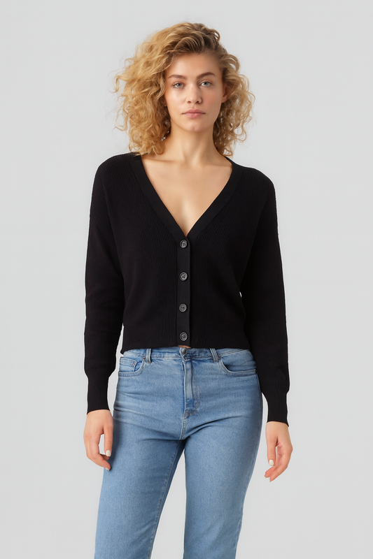 Black V-Neck Button Down Cardigan Sweater | Down Shoulder Knit | Viscose Cotton Blend Winter Wear