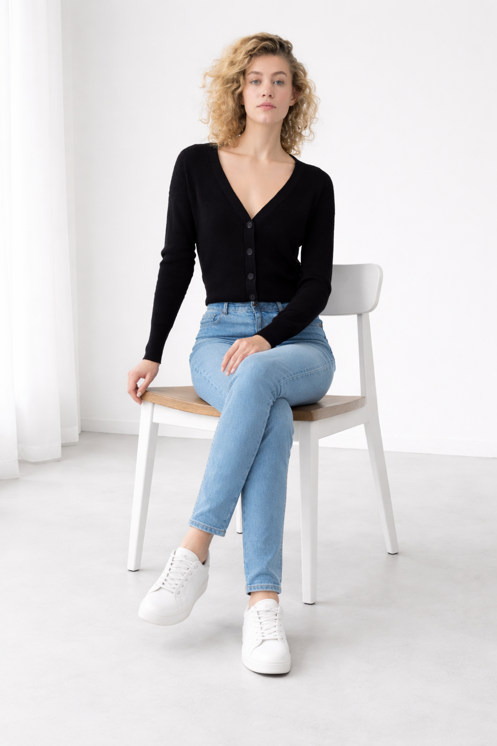 Black V-Neck Button Down Cardigan Sweater | Down Shoulder Knit | Viscose Cotton Blend Winter Wear
