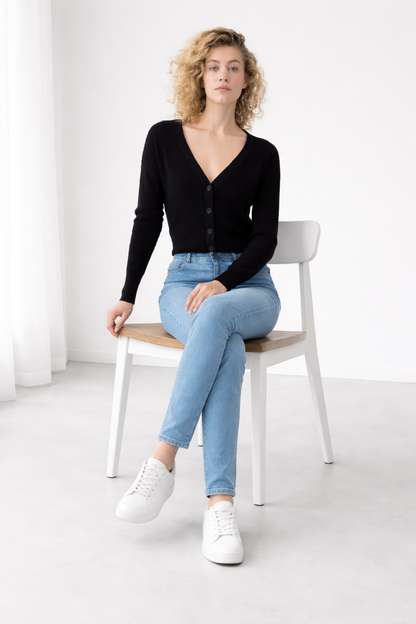 Black V-Neck Button Down Cardigan Sweater | Down Shoulder Knit | Viscose Cotton Blend Winter Wear