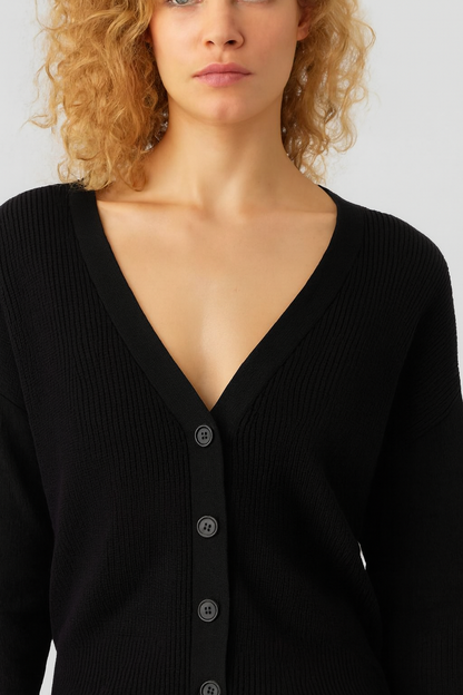 Black V-Neck Button Down Cardigan Sweater | Down Shoulder Knit | Viscose Cotton Blend Winter Wear