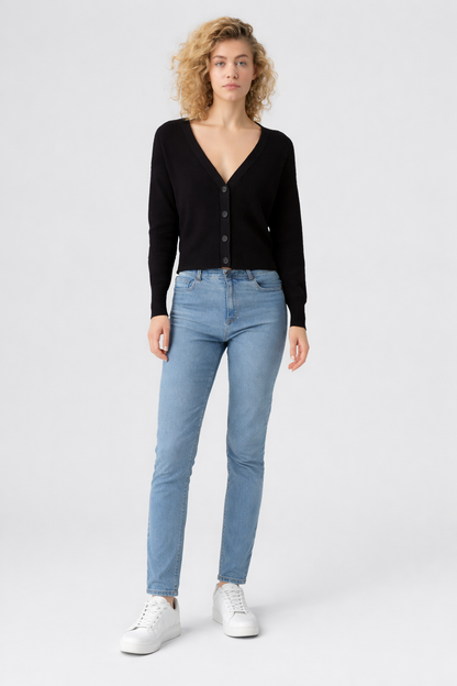 Black V-Neck Button Down Cardigan Sweater | Down Shoulder Knit | Viscose Cotton Blend Winter Wear