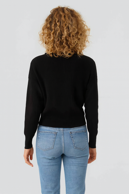 Black V-Neck Button Down Cardigan Sweater | Down Shoulder Knit | Viscose Cotton Blend Winter Wear