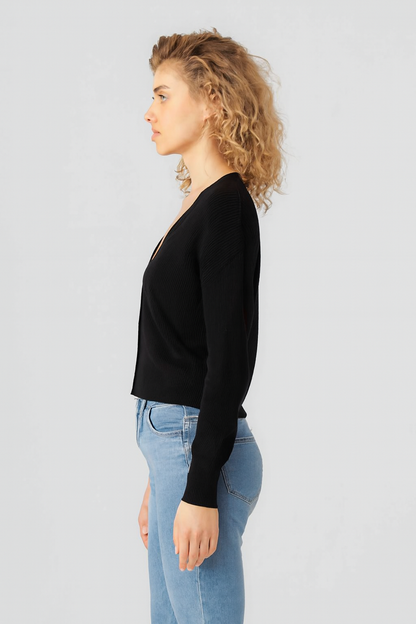 Black V-Neck Button Down Cardigan Sweater | Down Shoulder Knit | Viscose Cotton Blend Winter Wear