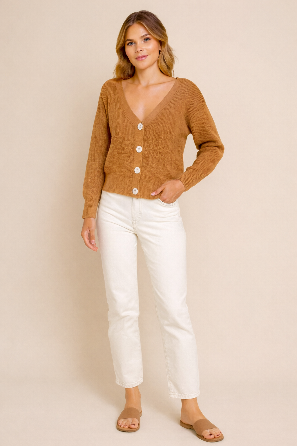 Brown V-Neck Button Down Cardigan Sweater | Down Shoulder Knit | Viscose Cotton Blend Winter Wear