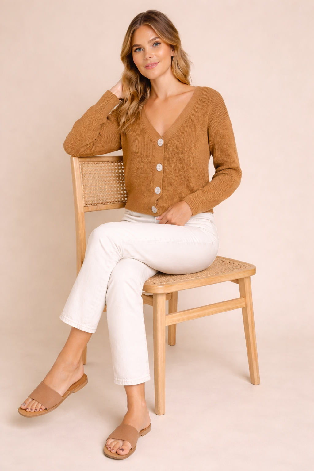 Brown V-Neck Button Down Cardigan Sweater | Down Shoulder Knit | Viscose Cotton Blend Winter Wear