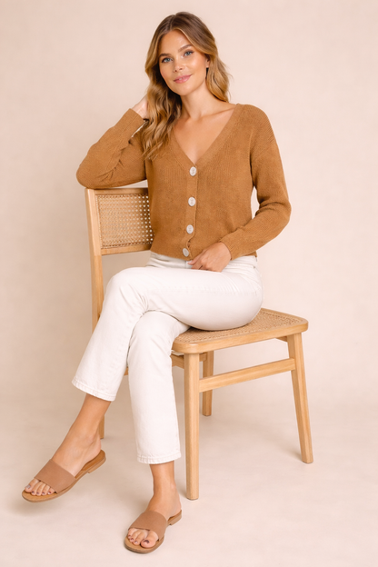 Brown V-Neck Button Down Cardigan Sweater | Down Shoulder Knit | Viscose Cotton Blend Winter Wear