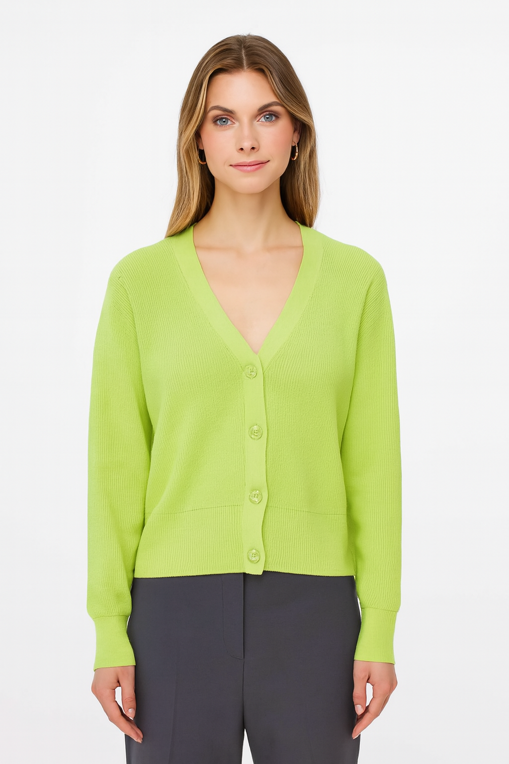 Green V-Neck Button Down Cardigan Sweater | Down Shoulder Knit | Viscose Cotton Blend Winter Wear
