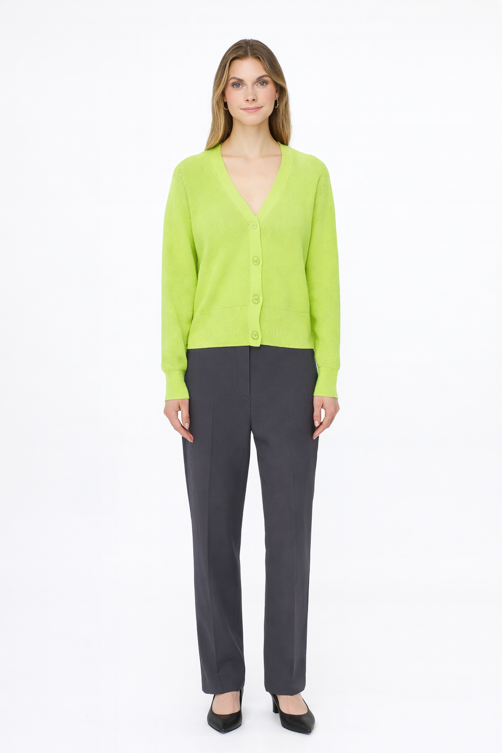 Green V-Neck Button Down Cardigan Sweater | Down Shoulder Knit | Viscose Cotton Blend Winter Wear