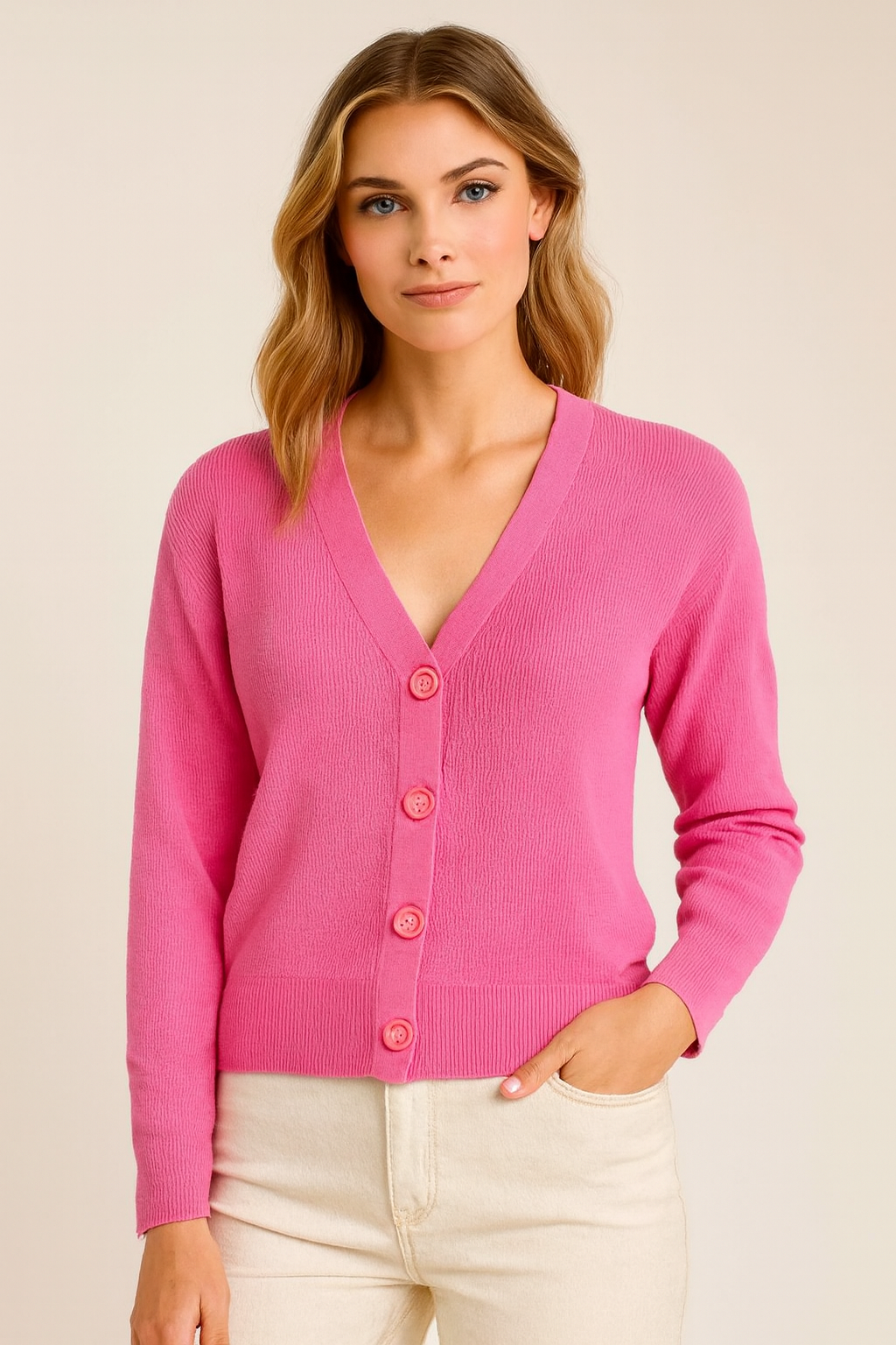 Light Pink V-Neck Button Down Cardigan Sweater | Down Shoulder Knit | Viscose Cotton Blend Winter Wear