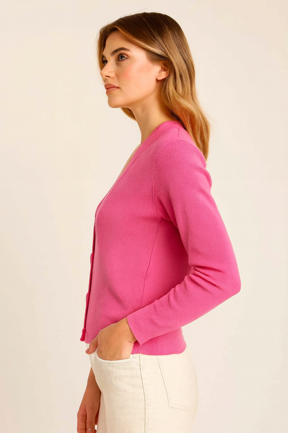 Light Pink V-Neck Button Down Cardigan Sweater | Down Shoulder Knit | Viscose Cotton Blend Winter Wear