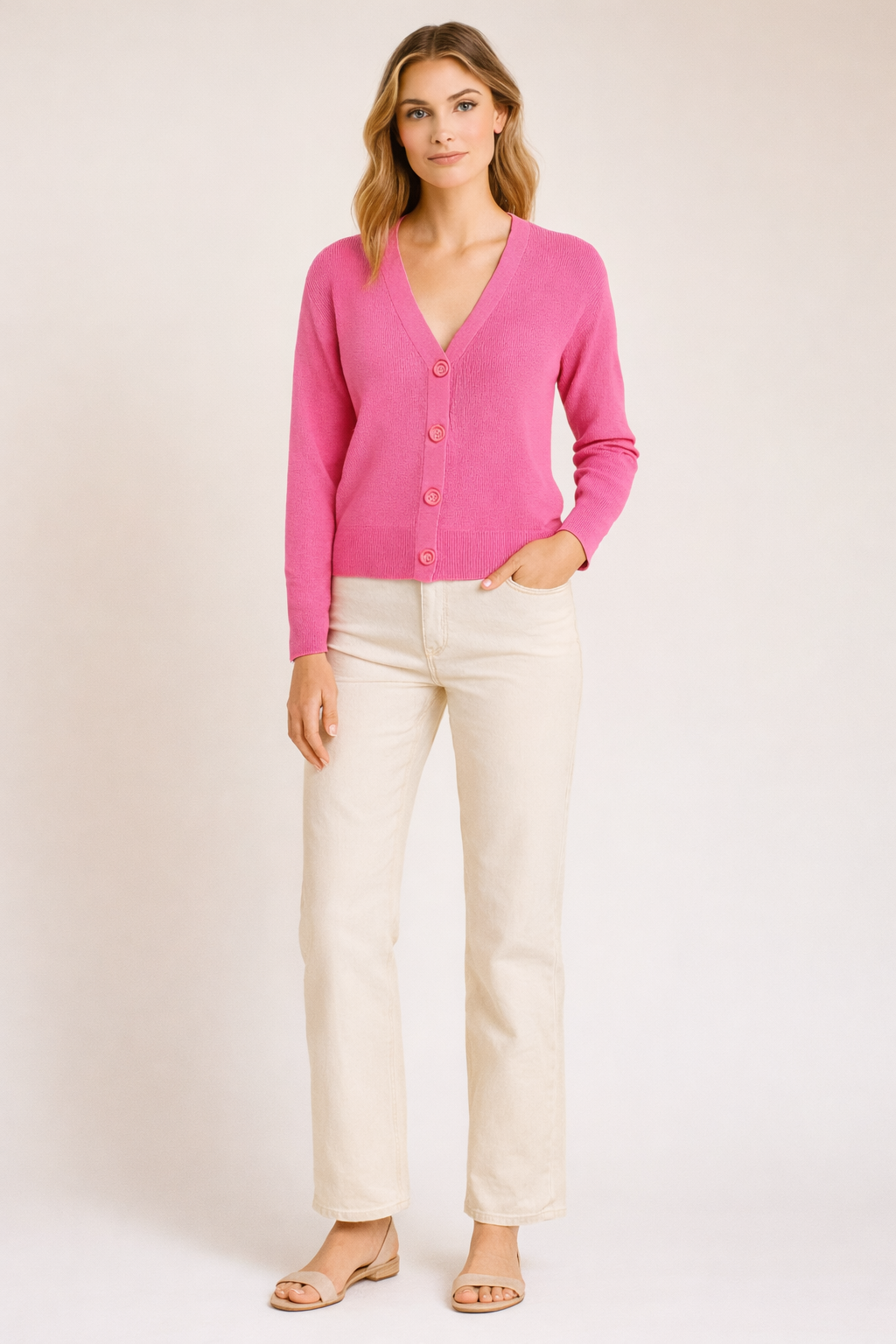 Light Pink V-Neck Button Down Cardigan Sweater | Down Shoulder Knit | Viscose Cotton Blend Winter Wear