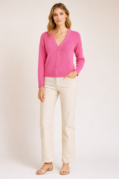 Light Pink V-Neck Button Down Cardigan Sweater | Down Shoulder Knit | Viscose Cotton Blend Winter Wear