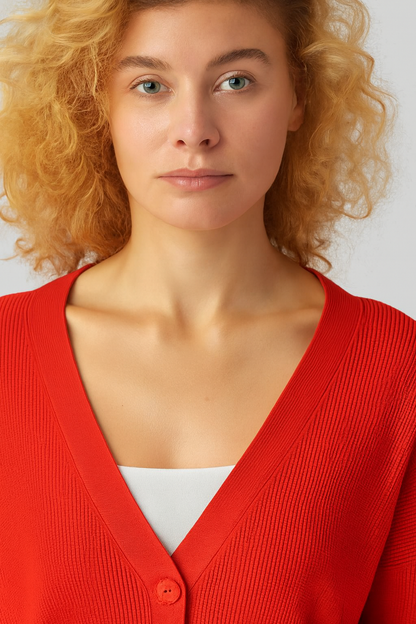 Orange V-Neck Button Down Cardigan Sweater | Down Shoulder Knit | Viscose Cotton Blend Winter Wear