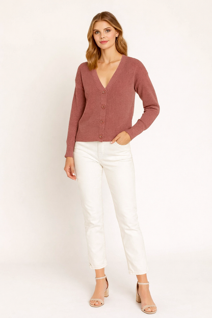 Peach V-Neck Button Down Cardigan Sweater | Down Shoulder Knit | Viscose Cotton Blend Winter Wear
