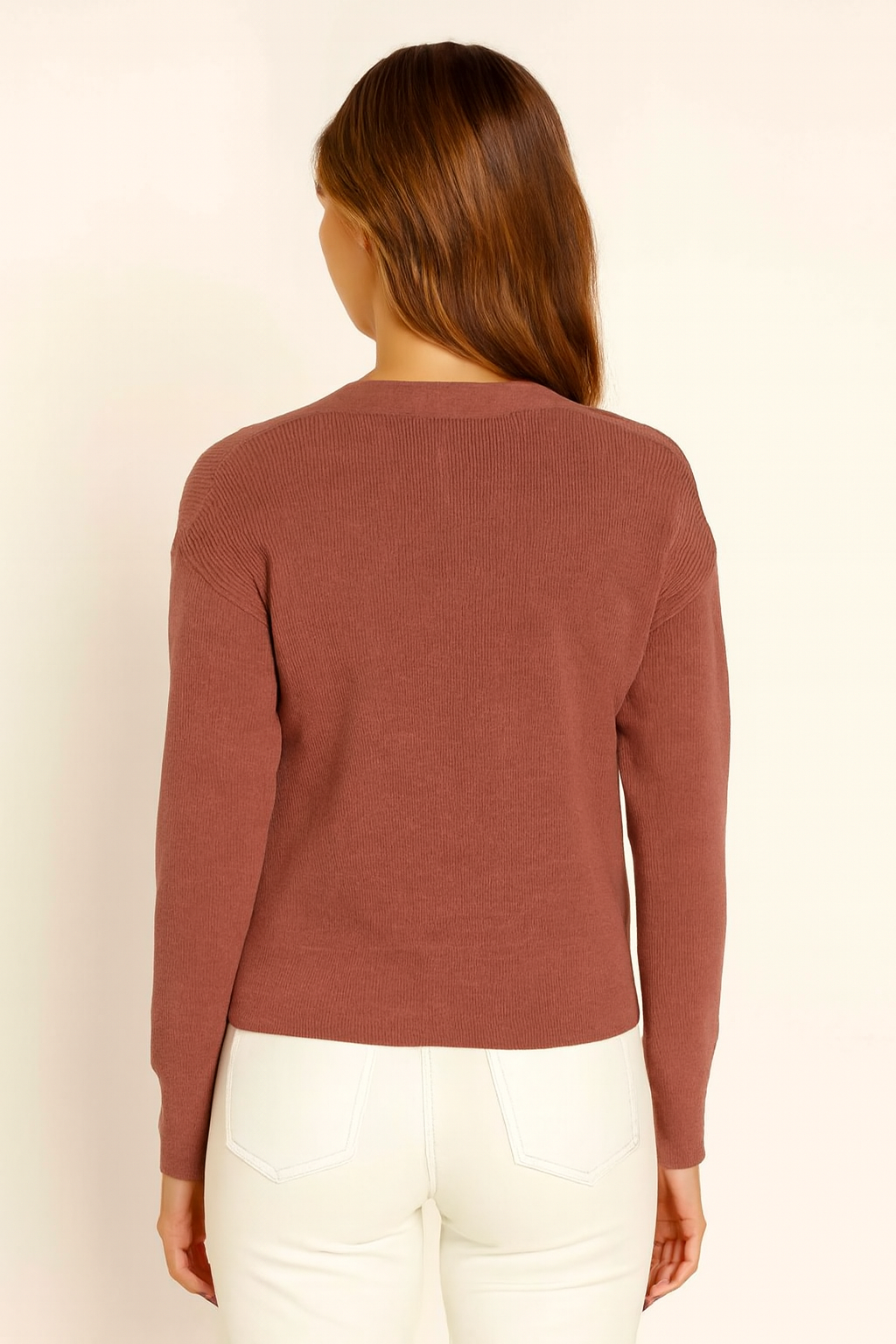 Peach V-Neck Button Down Cardigan Sweater | Down Shoulder Knit | Viscose Cotton Blend Winter Wear