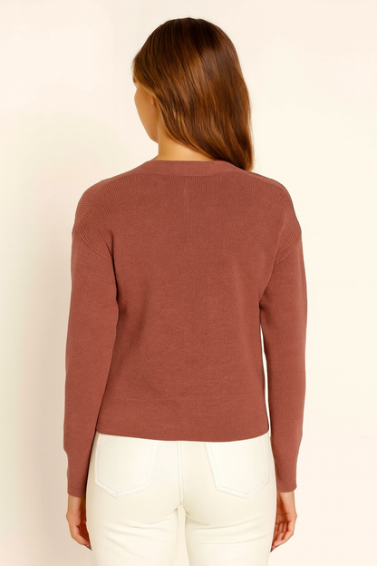 Peach V-Neck Button Down Cardigan Sweater | Down Shoulder Knit | Viscose Cotton Blend Winter Wear