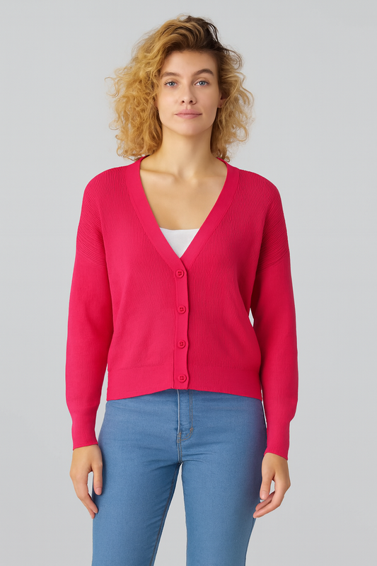 Pink V-Neck Button Down Cardigan Sweater | Down Shoulder Knit | Viscose Cotton Blend Winter Wear